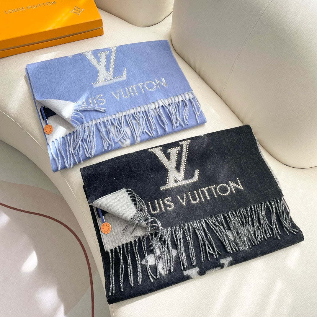 MONOGRAM FLOWERS SCARF 170 CM IN ELECTRIC BLUE CASHMERE 390976 mysite