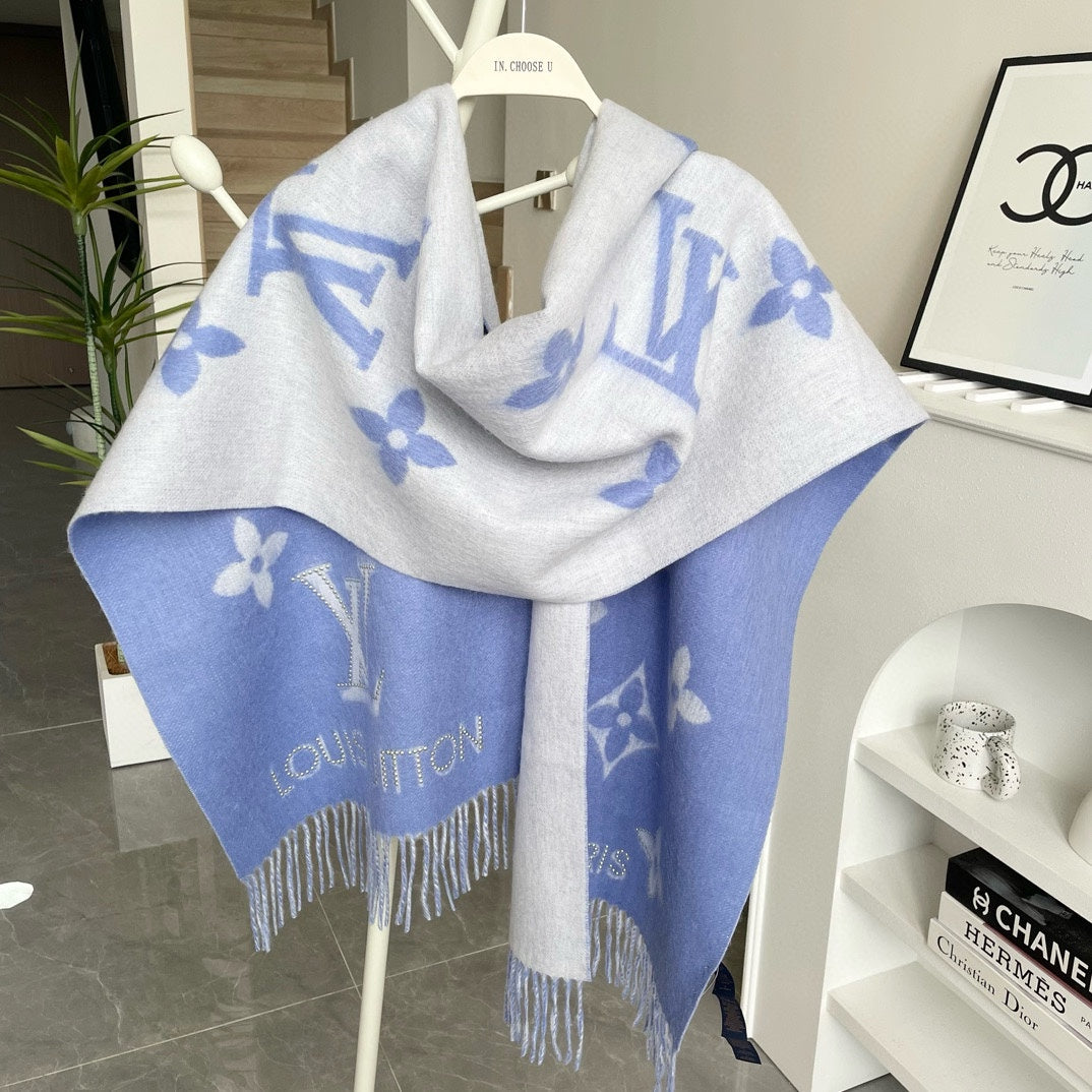 MONOGRAM FLOWERS SCARF 170 CM IN ELECTRIC BLUE CASHMERE 390976 mysite