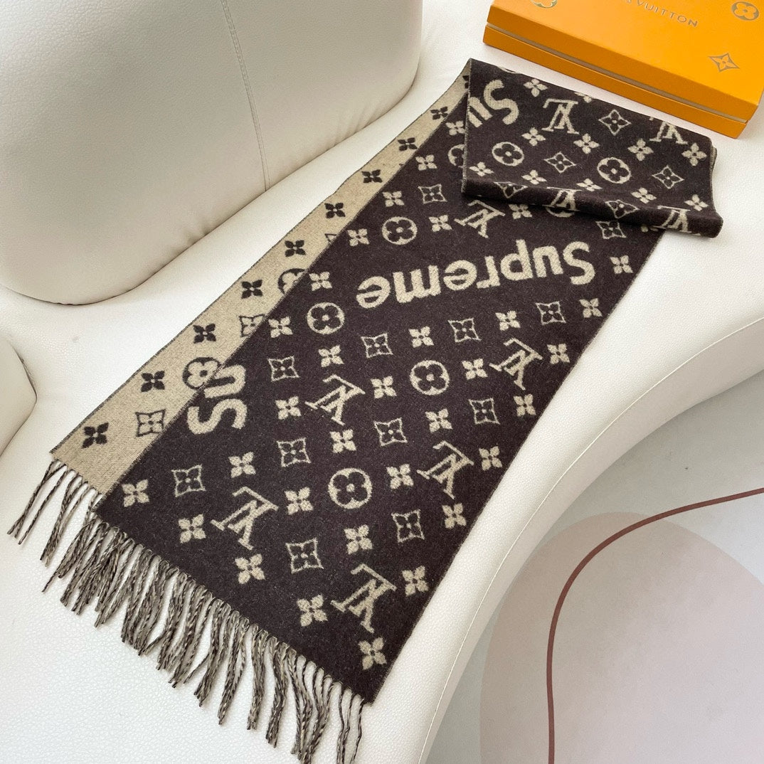 SUPREME X MONOGRAM 180 CM SCARF IN UMBER BROWN WOOL AND CASHMERE 392941 mysite