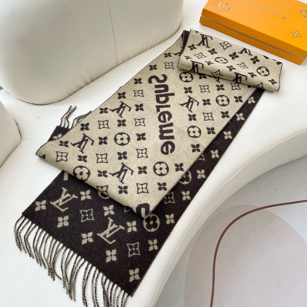 SUPREME X MONOGRAM 180 CM SCARF IN UMBER BROWN WOOL AND CASHMERE 392941 mysite