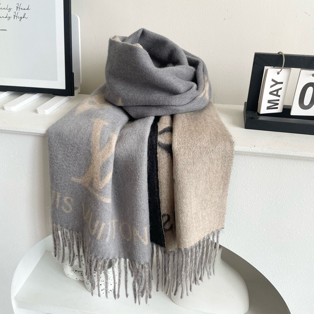 REYKJAVIK GRADIENT SCARF 220 CM IN DOVE GRAY MIX CAMEL BROWN CASHMERE 399737 mysite