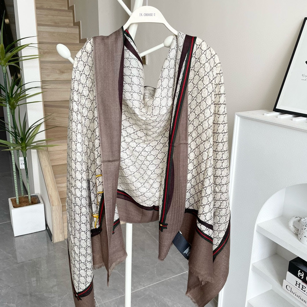 SCARF 200 CM IN KHAKI BROWN MONOGRAM WOOL  399767 mysite