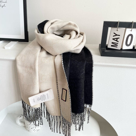 SCARF 195 CM IN BLACK AND WHITE CASHMERE 401402 mysite