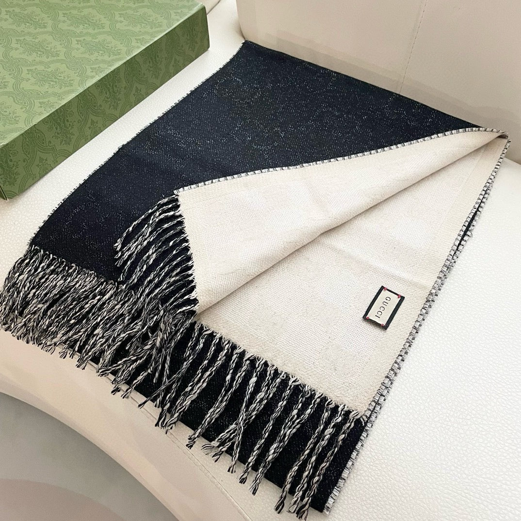 SCARF 195 CM IN BLACK AND WHITE CASHMERE 401402 mysite