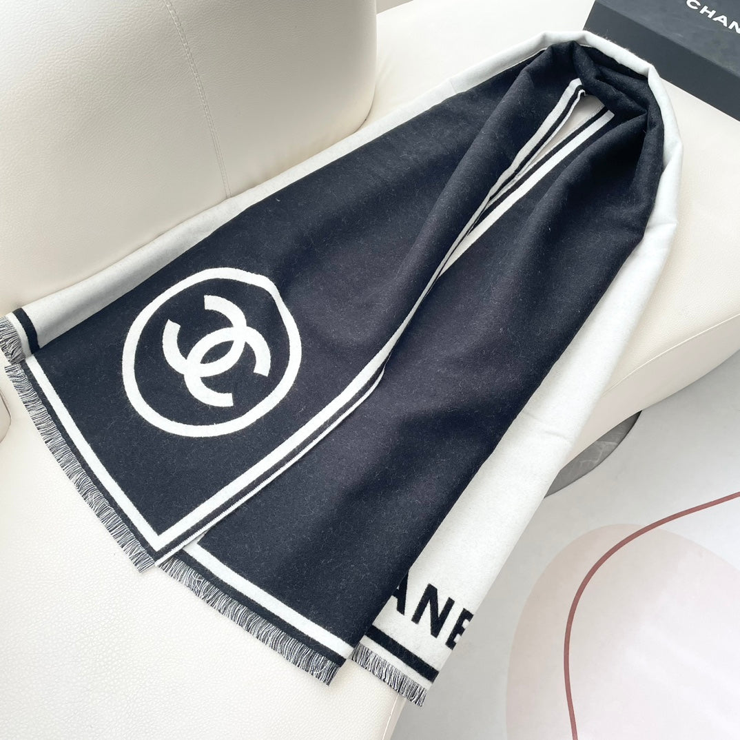 SCARF 195 CM IN BLACK MIX WHITE CASHMERE AND WOOL 402233 mysite