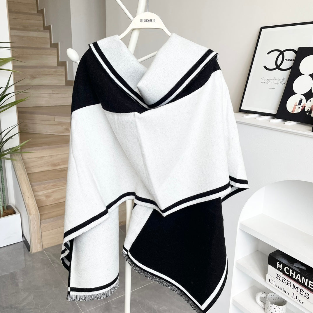 SCARF 195 CM IN BLACK MIX WHITE CASHMERE AND WOOL 402233 mysite