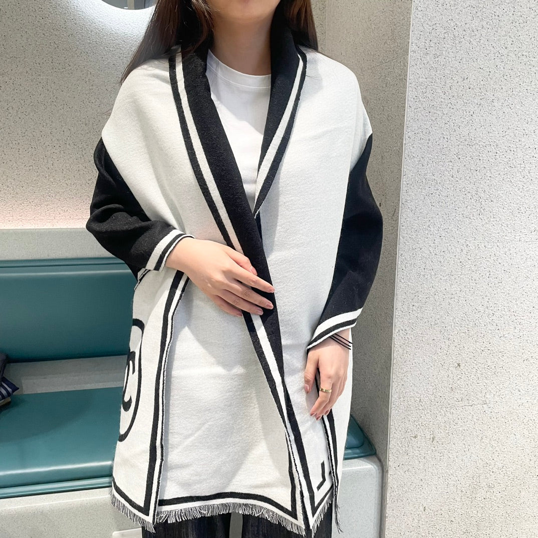 SCARF 195 CM IN BLACK MIX WHITE CASHMERE AND WOOL 402234 mysite