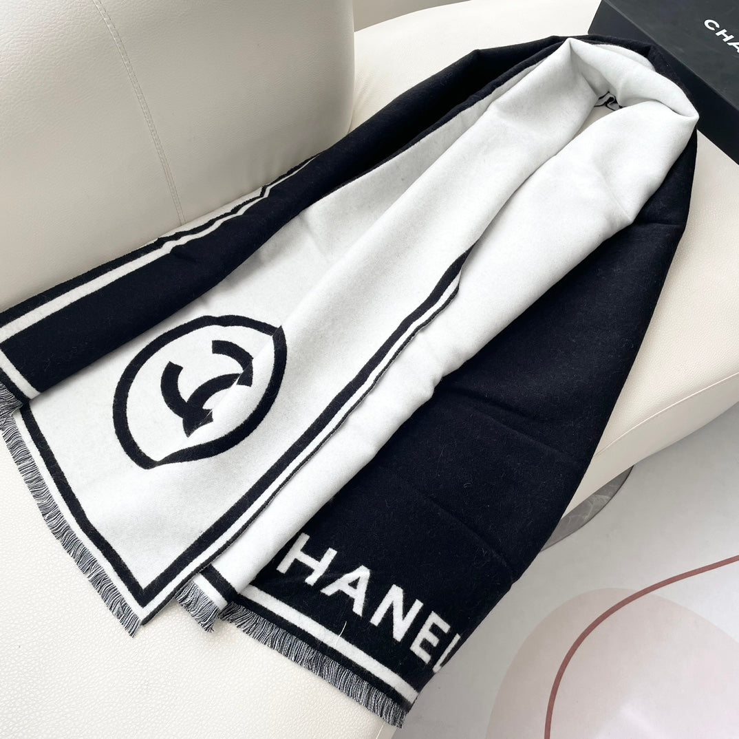 SCARF 195 CM IN BLACK MIX WHITE CASHMERE AND WOOL 402234 mysite
