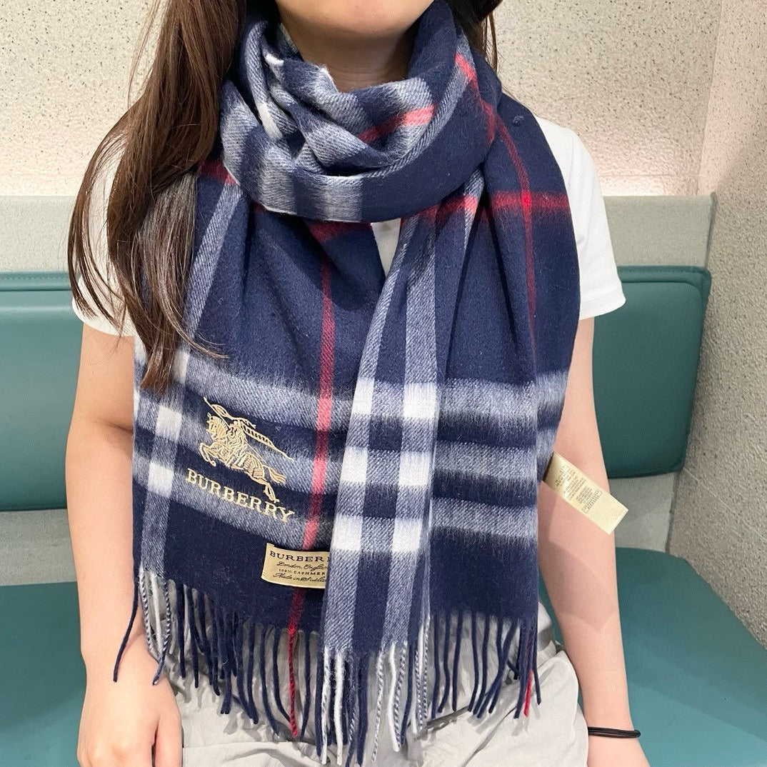 CHECK SCARF 180 CM IN INDIGO BLUE MIX WHITE CASHMERE 405480 mysite