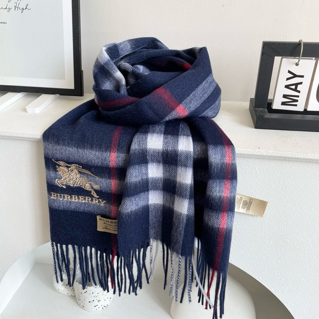 CHECK SCARF 180 CM IN INDIGO BLUE MIX WHITE CASHMERE 405480 mysite