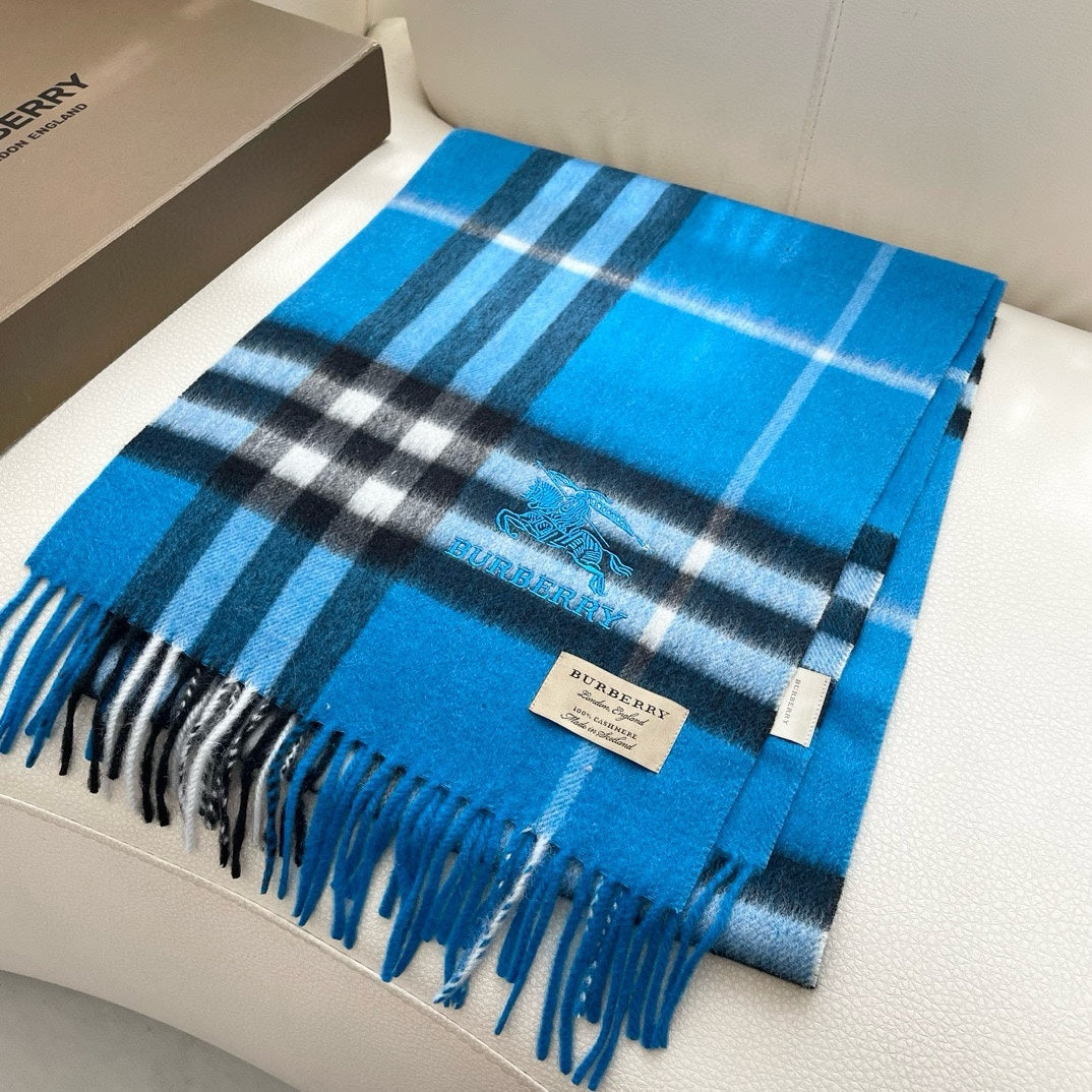 CHECK SCARF 180 CM IN AZURE BLUE MIX BLACK CASHMERE 405481 mysite