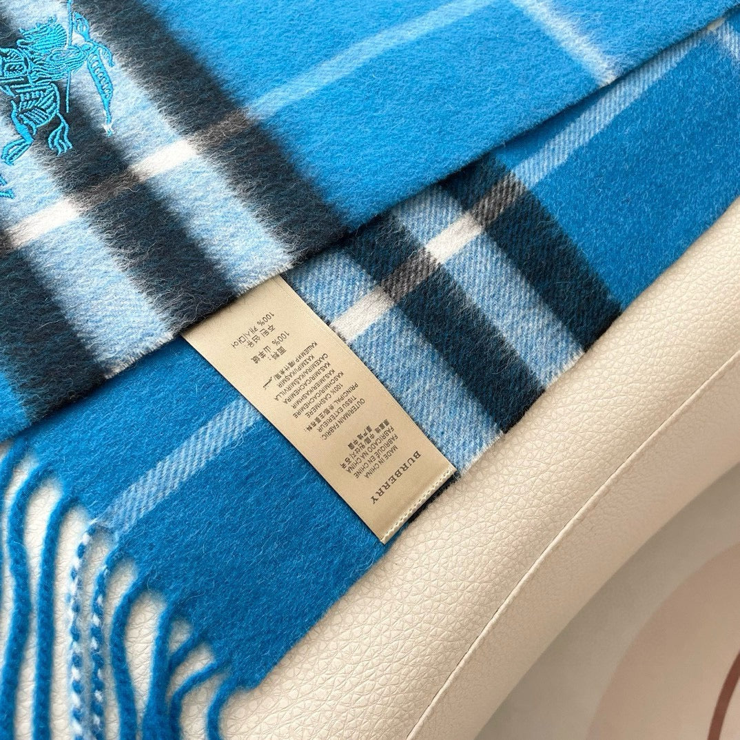 CHECK SCARF 180 CM IN AZURE BLUE MIX BLACK CASHMERE 405481 mysite