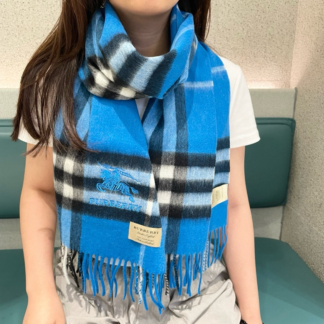 CHECK SCARF 180 CM IN AZURE BLUE MIX BLACK CASHMERE 405481 mysite
