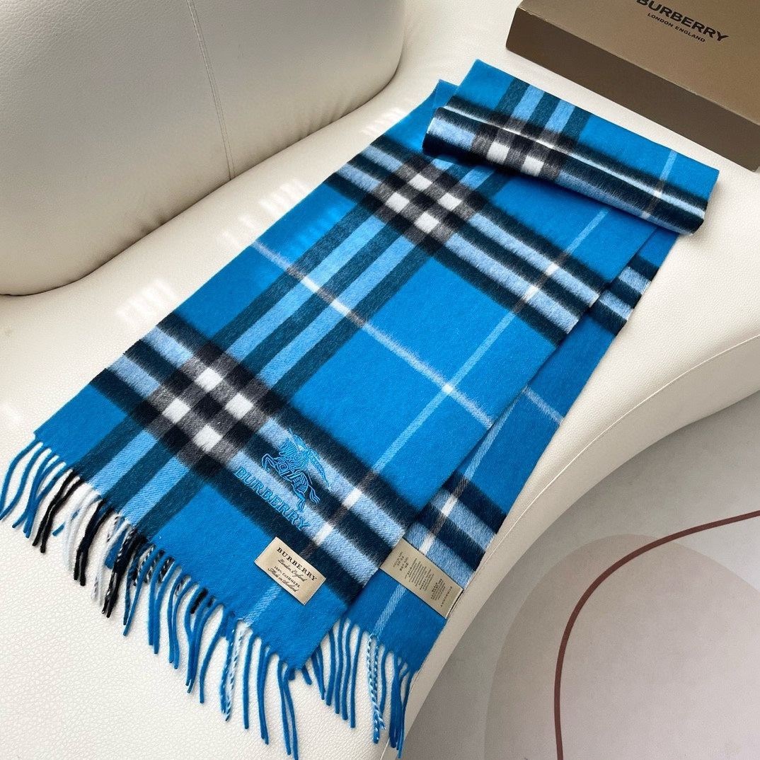 CHECK SCARF 180 CM IN AZURE BLUE MIX BLACK CASHMERE 405481 mysite