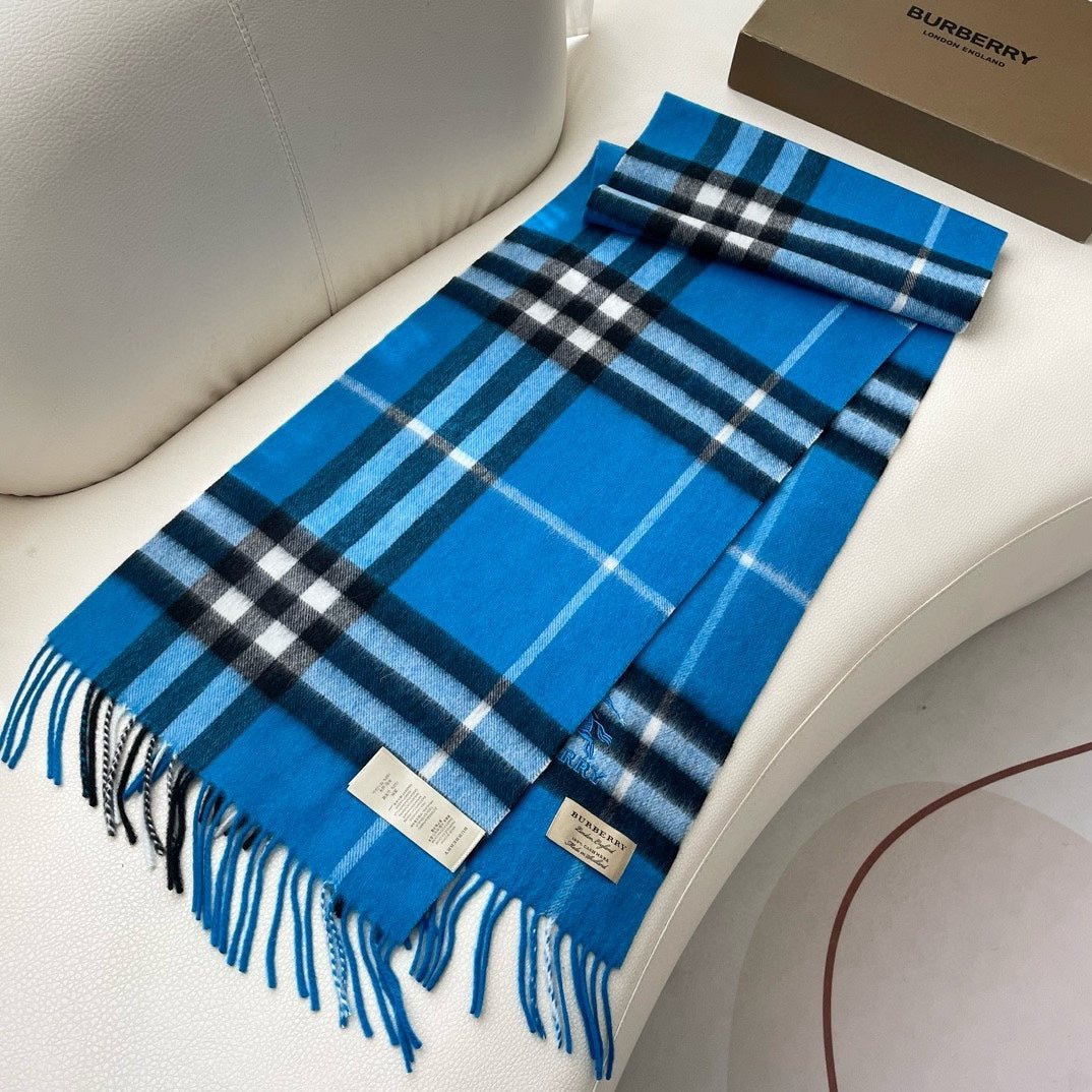 CHECK SCARF 180 CM IN AZURE BLUE MIX BLACK CASHMERE 405481 mysite