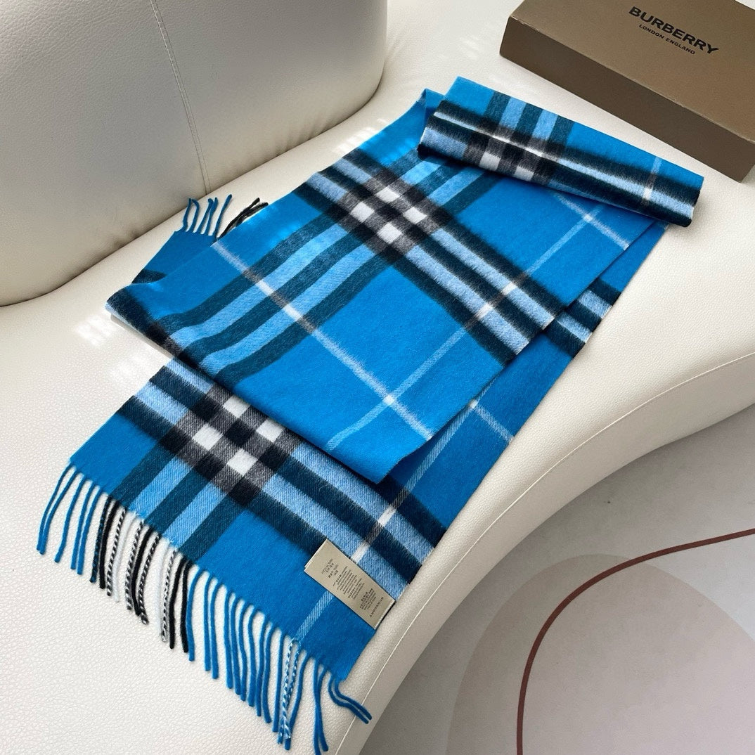 CHECK SCARF 180 CM IN AZURE BLUE MIX BLACK CASHMERE 405481 mysite