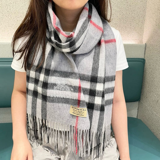 CHECK SCARF 180 CM IN PASTEL GRAY MIX BLACK CASHMERE 405483 mysite