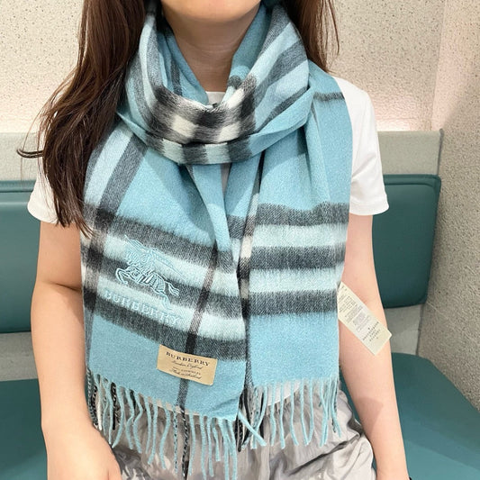 CHECK SCARF 180 CM IN SKY BLUE MIX BLACK CASHMERE 405484 mysite