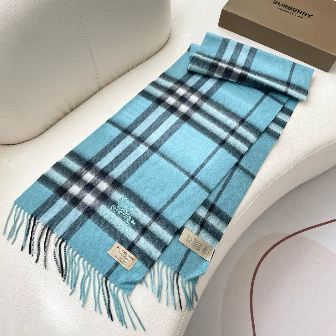 CHECK SCARF 180 CM IN SKY BLUE MIX BLACK CASHMERE 405484 mysite