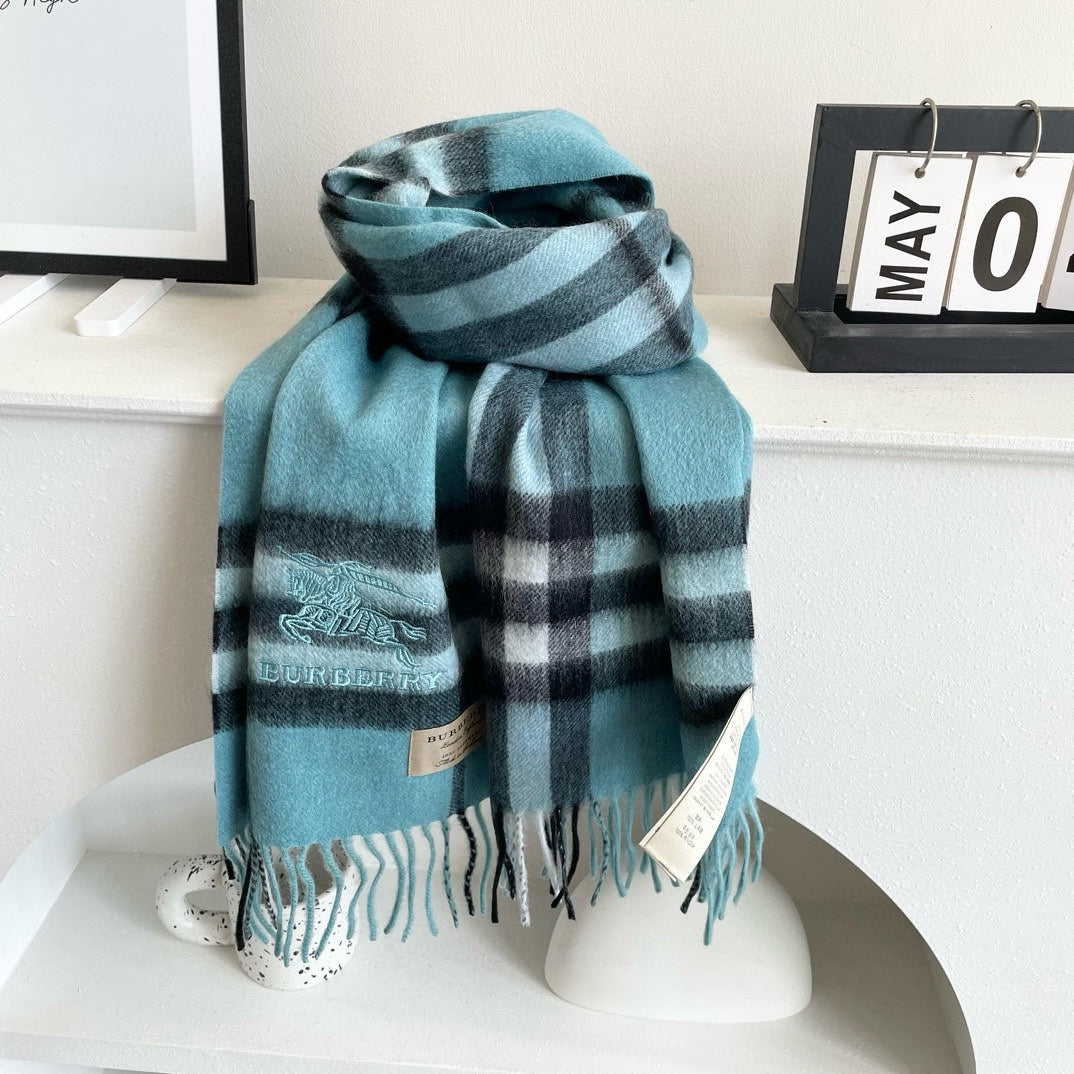 CHECK SCARF 180 CM IN SKY BLUE MIX BLACK CASHMERE 405484 mysite