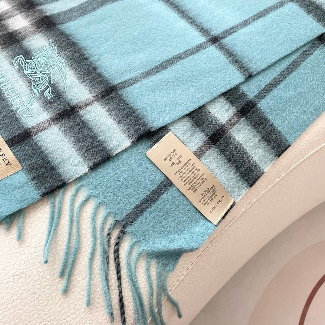 CHECK SCARF 180 CM IN SKY BLUE MIX BLACK CASHMERE 405484 mysite