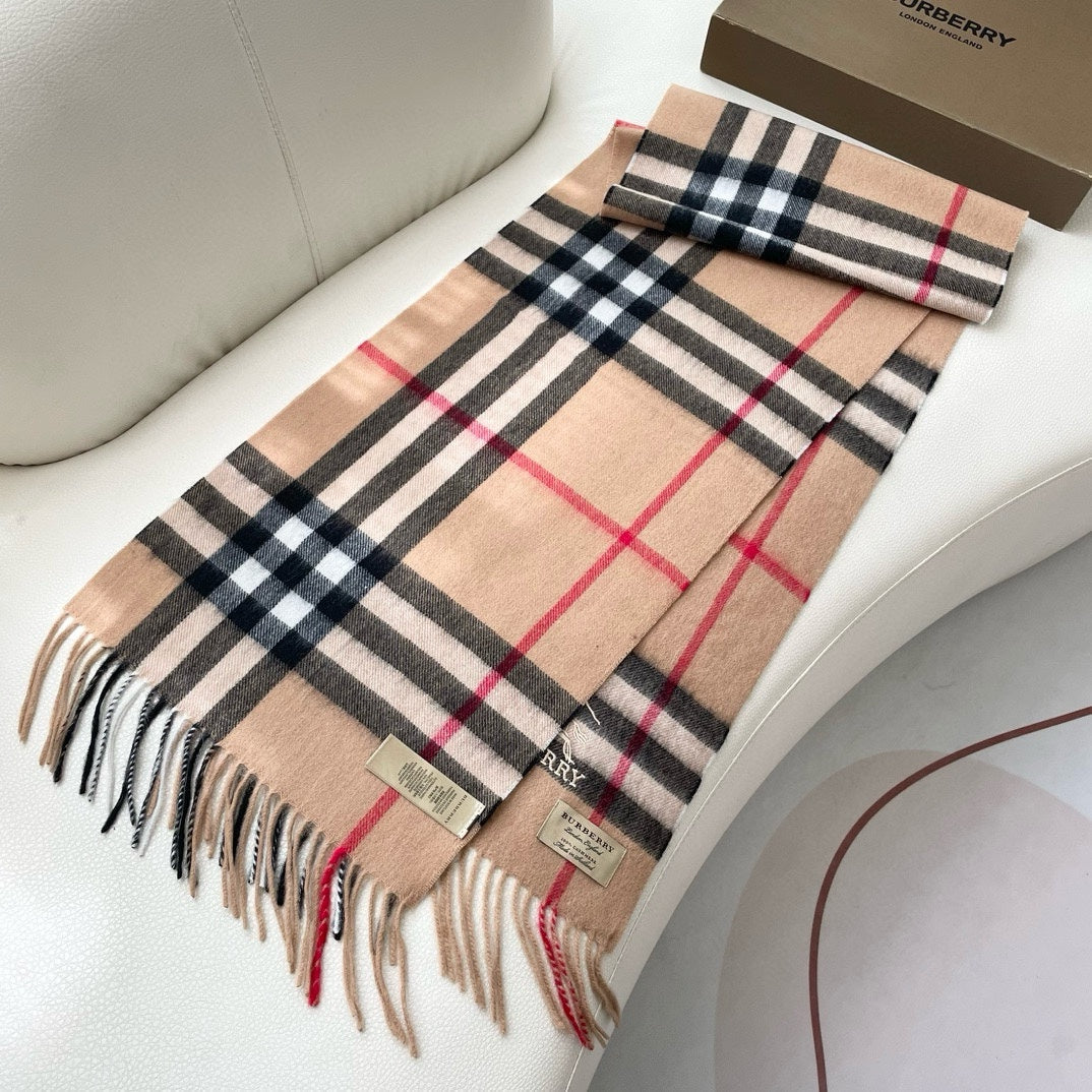 CHECK SCARF 180 CM IN CAMEL BEIGE CASHMERE 405487 mysite