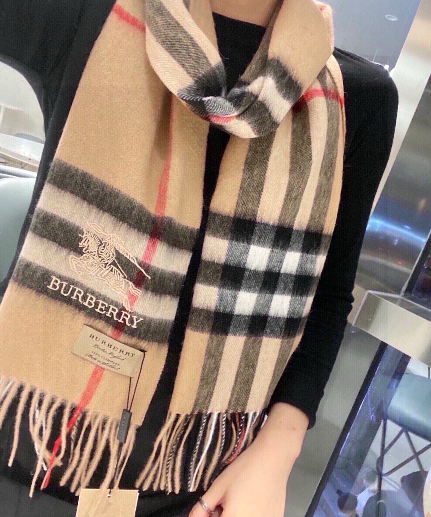 CHECK SCARF 180 CM IN CAMEL BEIGE CASHMERE 405487 mysite