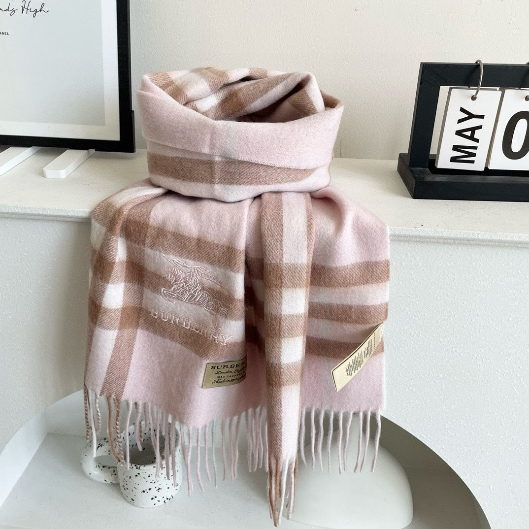 CHECK SCARF 180 CM IN SOFT PINK MIX BROWN CASHMERE 405488 mysite