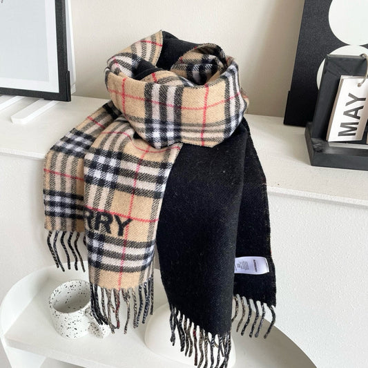 REVERSIBLE CHECK CASHMERE SCARF 180 CM BLACK AND BEIGE 405497 mysite