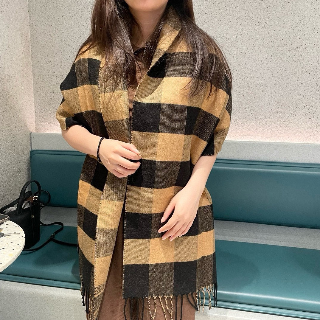 CHECK SCARF 180 CM IN BLACK MIX SAND YELLOW CASHMERE AND WOOL 415298 mysite