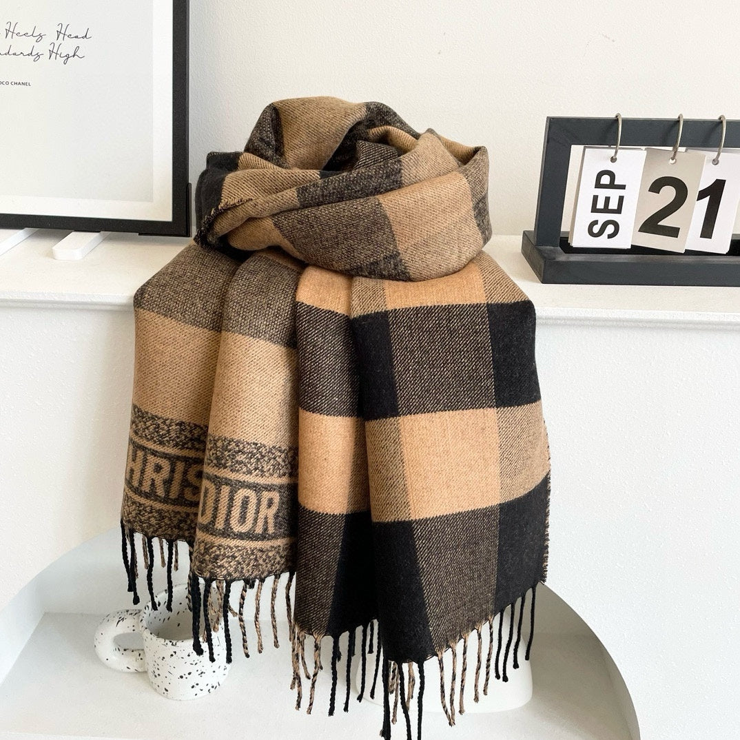 CHECK SCARF 180 CM IN BLACK MIX SAND YELLOW CASHMERE AND WOOL 415298 mysite