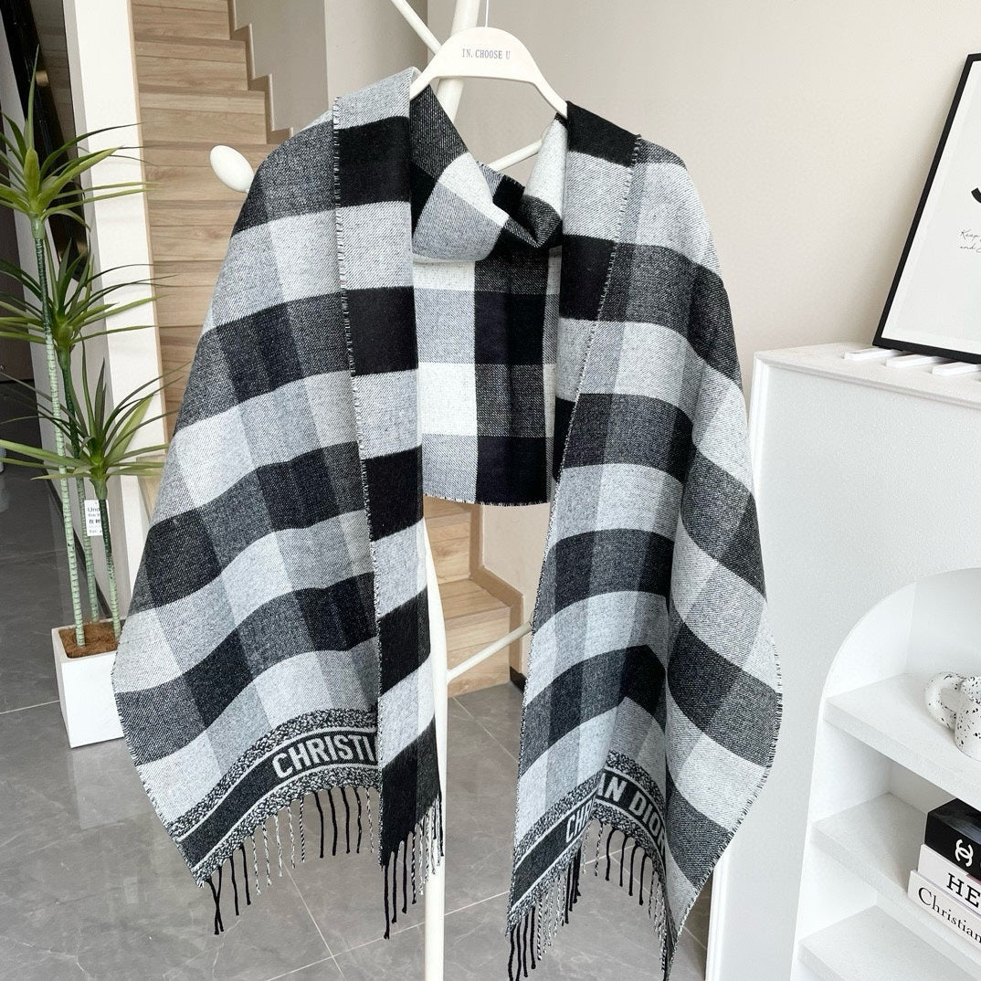 CHECK SCARF 180 CM IN BLACK MIX WHITE CASHMERE AND WOOL 415299 mysite