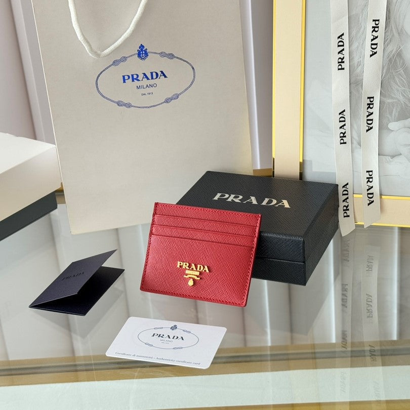 Pra Gold Logo-Stamp Card Holder Red Saffiano Leather mysite