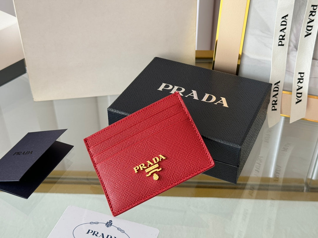 Pra Gold Logo-Stamp Card Holder Red Saffiano Leather mysite