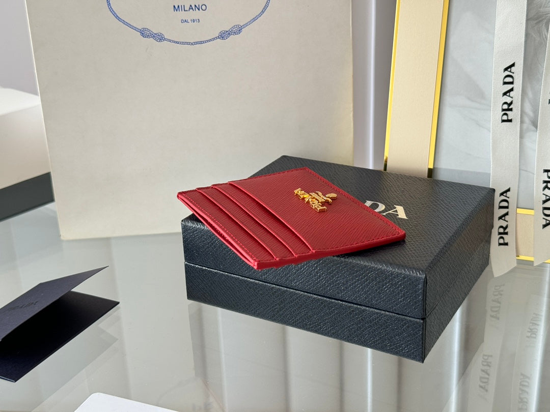 Pra Gold Logo-Stamp Card Holder Red Saffiano Leather mysite