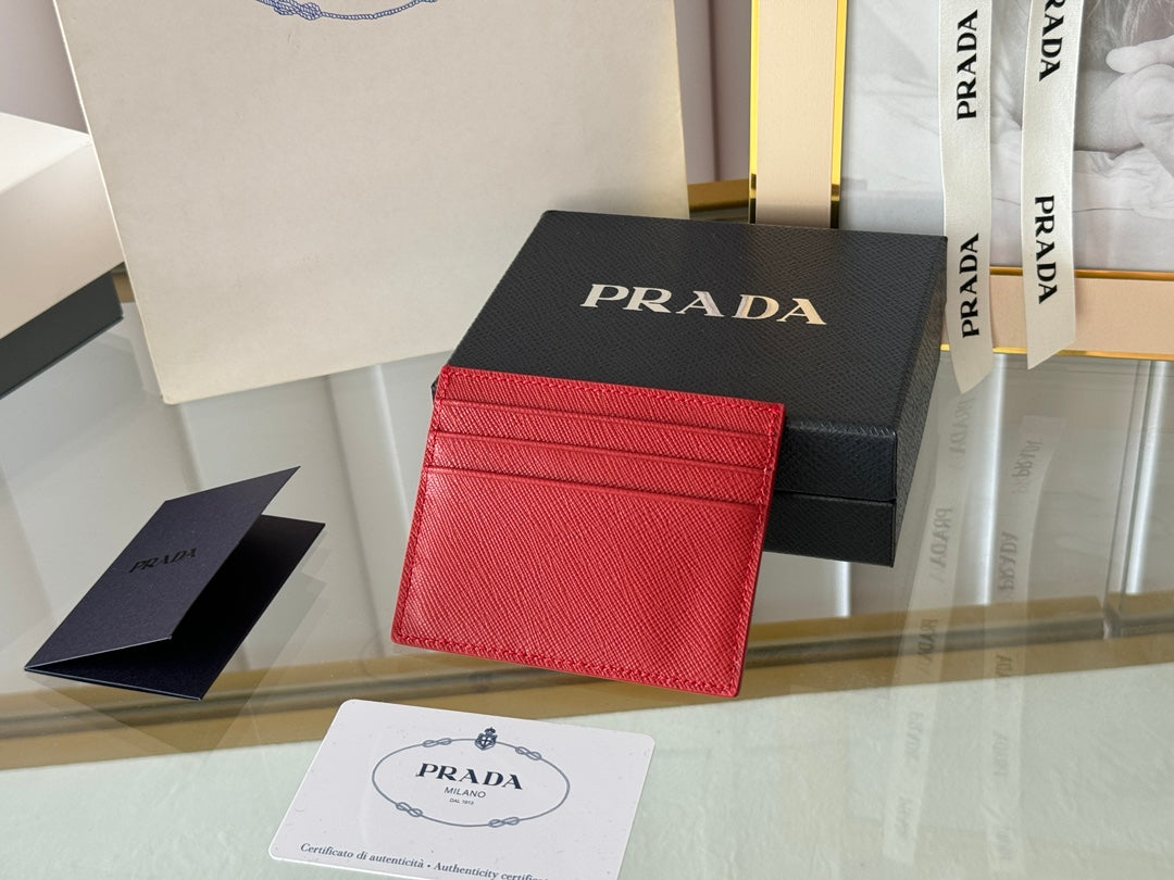 Pra Gold Logo-Stamp Card Holder Red Saffiano Leather mysite