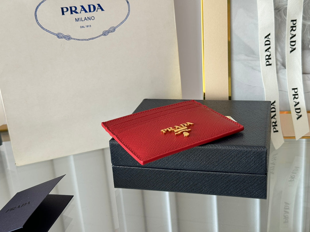 Pra Gold Logo-Stamp Card Holder Red Saffiano Leather mysite