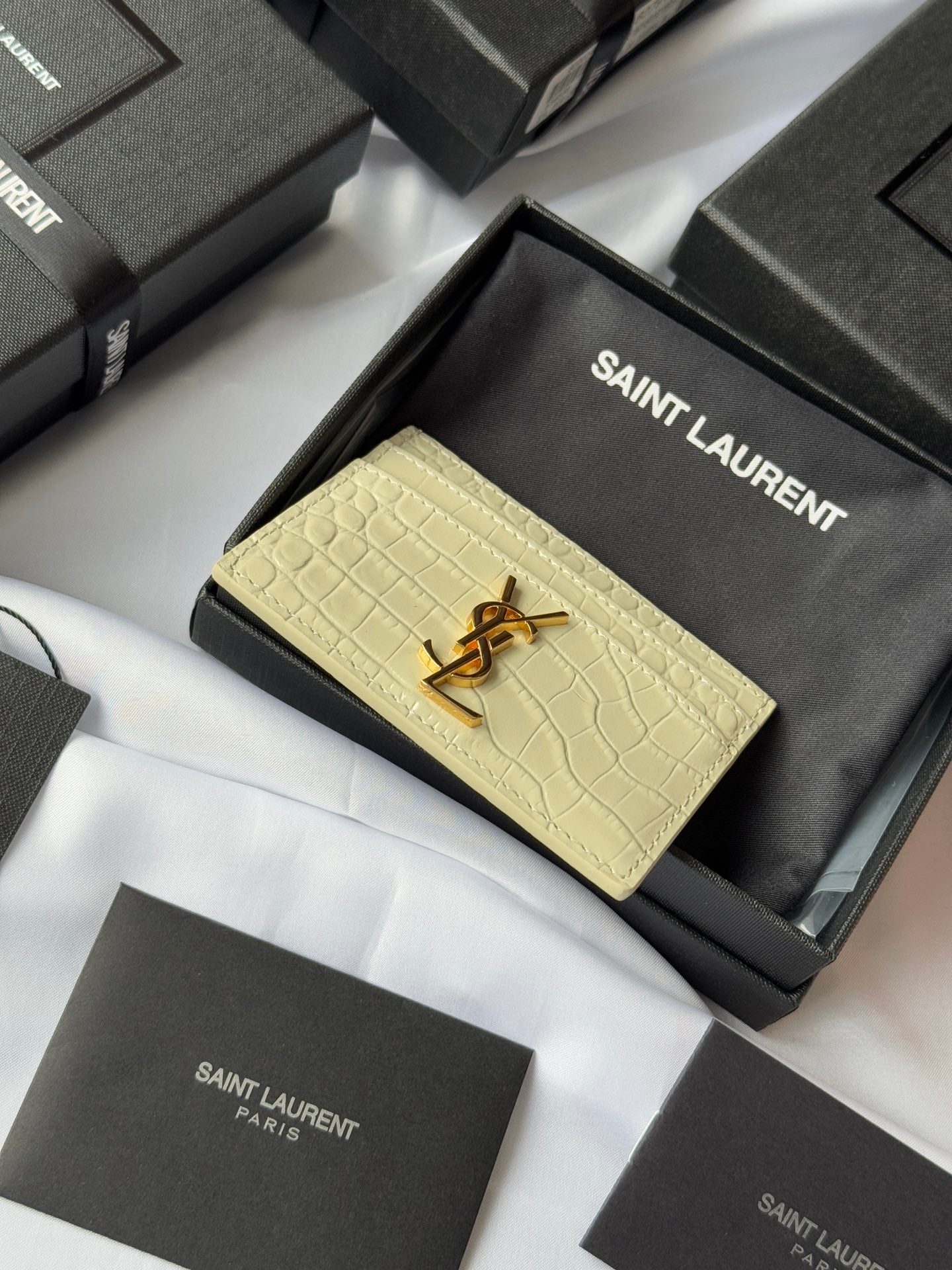 YSL Card Holder 10cm Wallet Cream Gold Crocodile Leather 240565 mysite