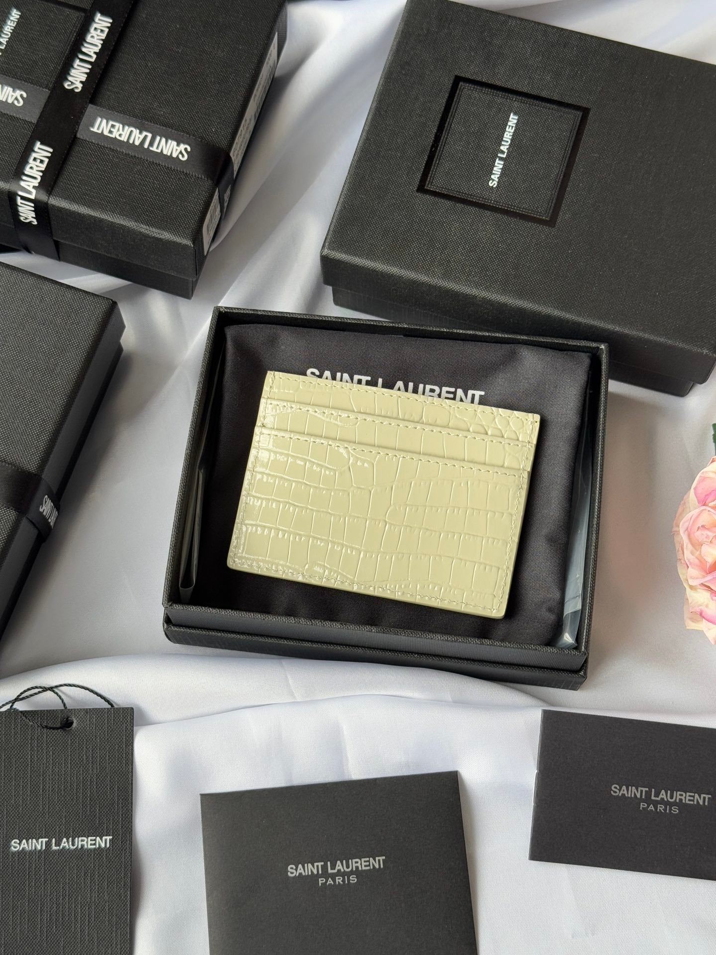 YSL Card Holder 10cm Wallet Cream Gold Crocodile Leather 240565 mysite