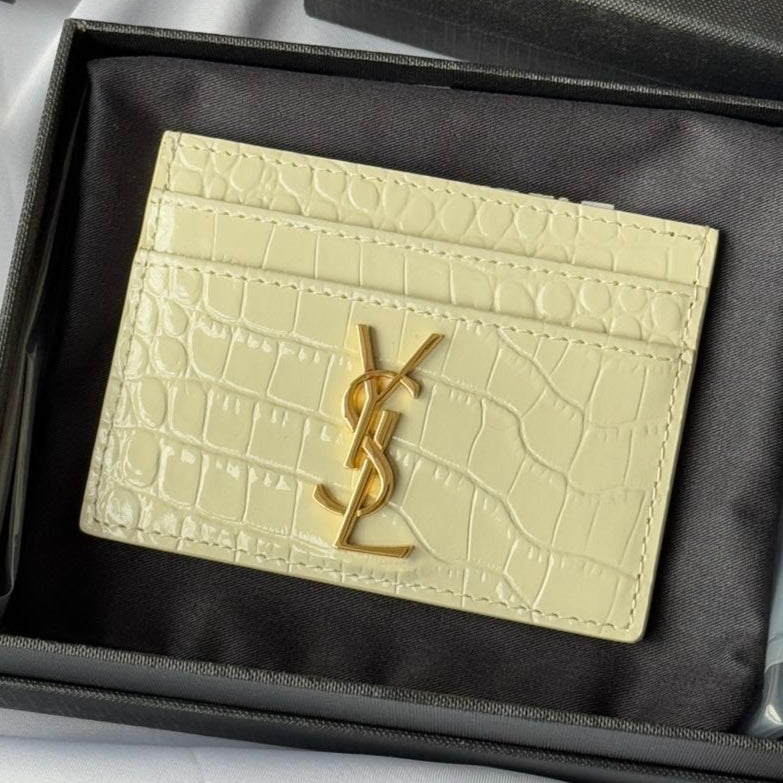 YSL Card Holder 10cm Wallet Cream Gold Crocodile Leather 240565 mysite