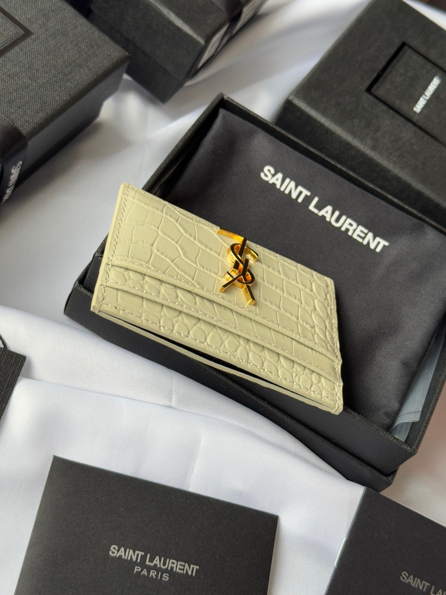 YSL Card Holder 10cm Wallet Cream Gold Crocodile Leather 240565 mysite