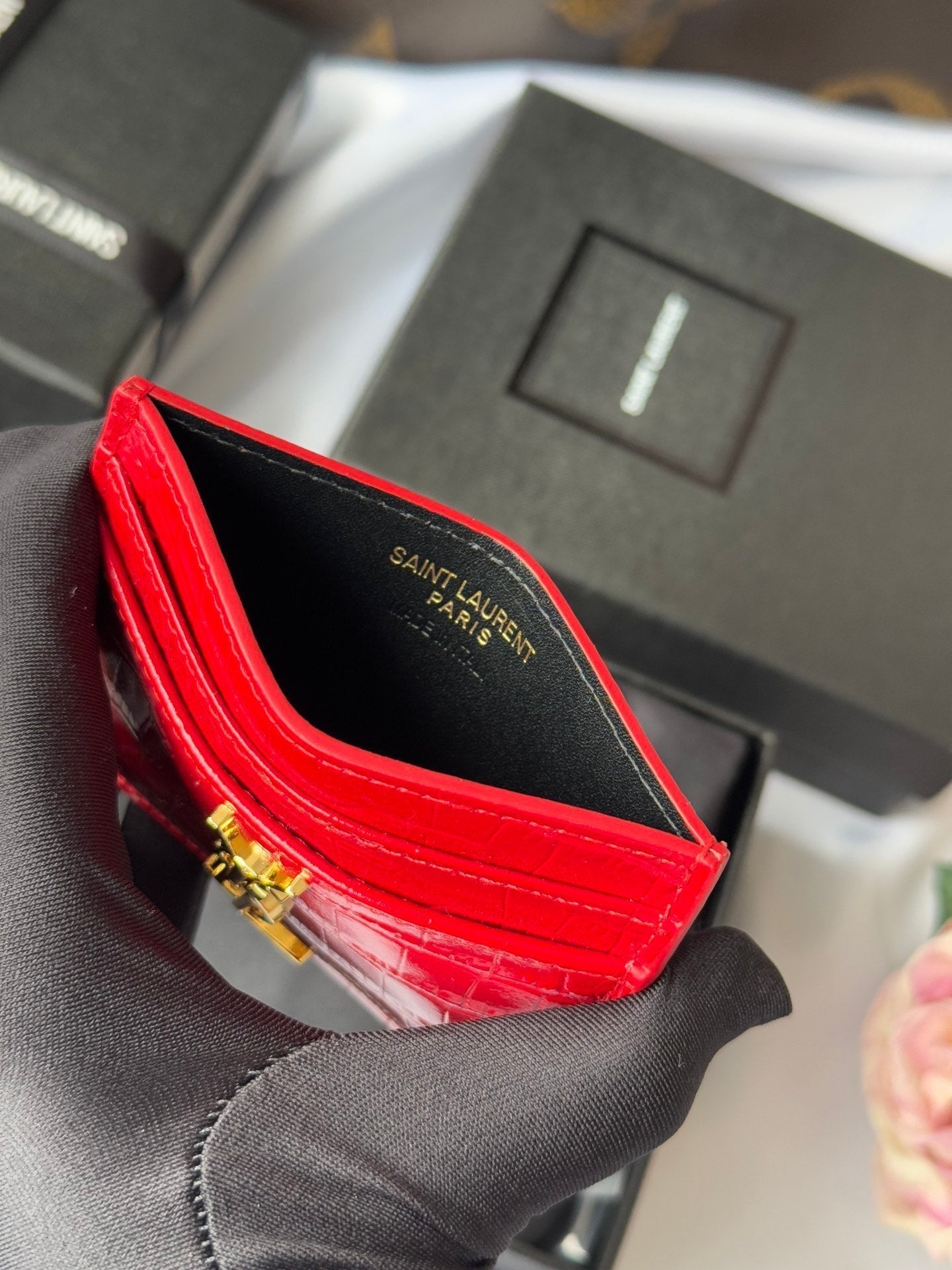 YSL Card Holder 10cm Wallet Red Gold Crocodile Leather 240563 mysite