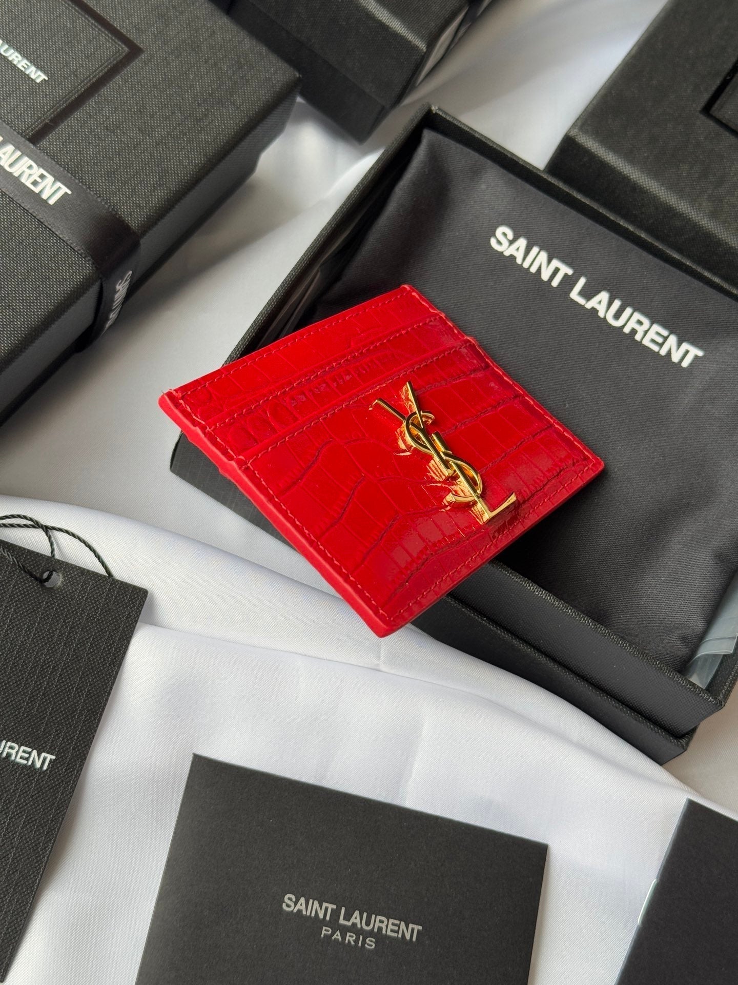 YSL Card Holder 10cm Wallet Red Gold Crocodile Leather 240563 mysite