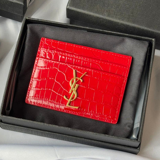 YSL Card Holder 10cm Wallet Red Gold Crocodile Leather 240563 mysite