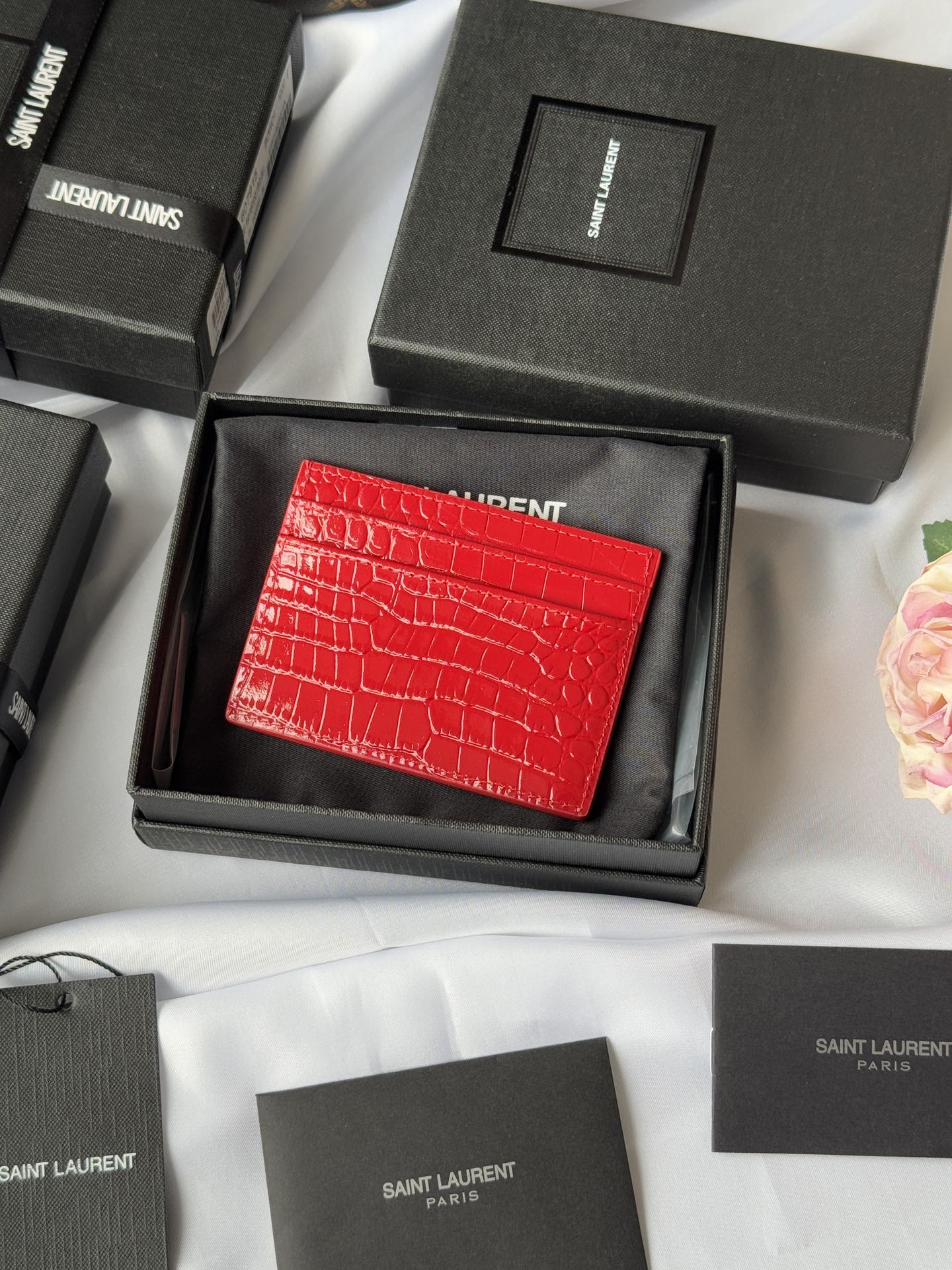 YSL Card Holder 10cm Wallet Red Gold Crocodile Leather 240563 mysite