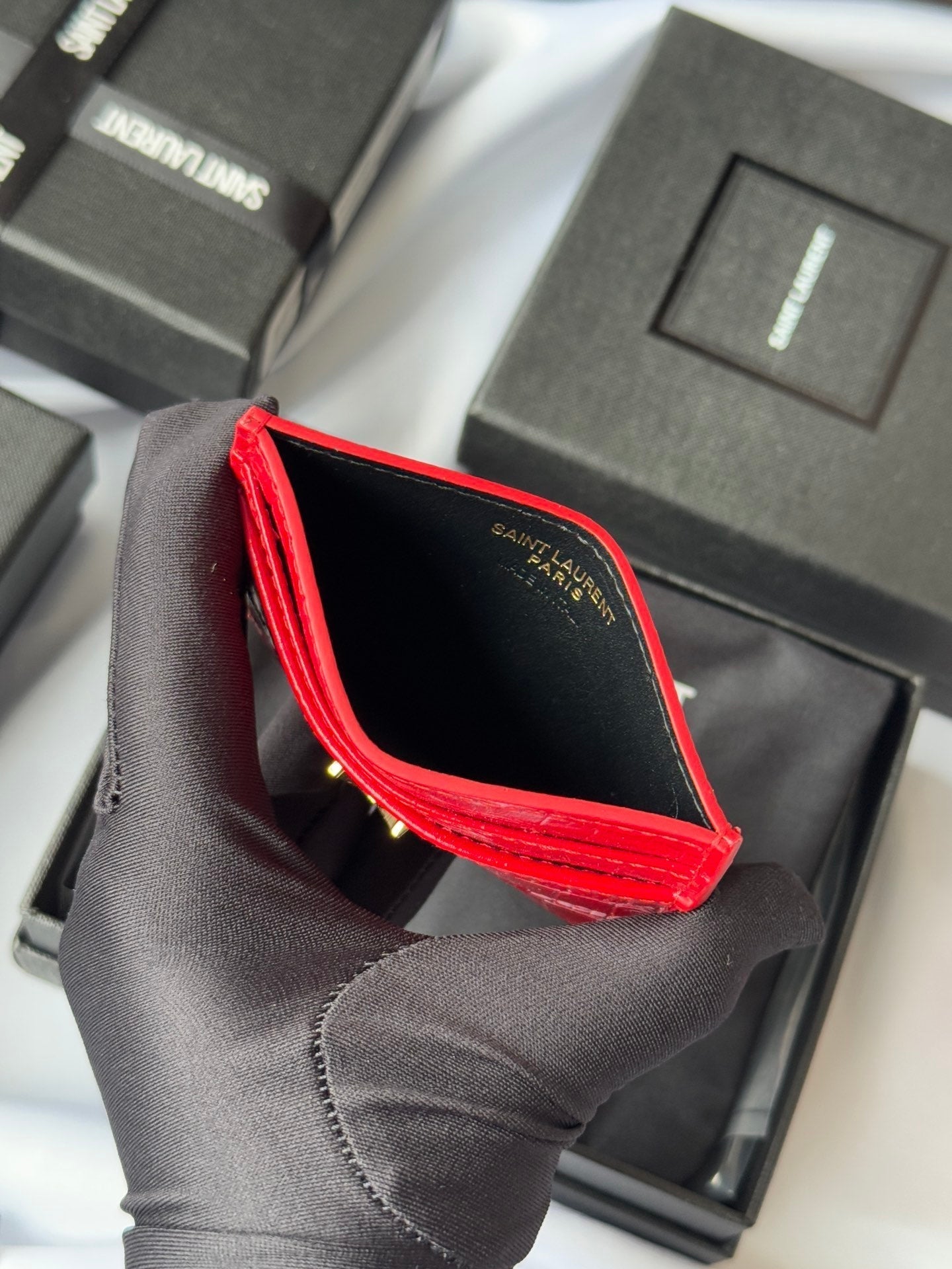 YSL Card Holder 10cm Wallet Red Gold Crocodile Leather 240563 mysite