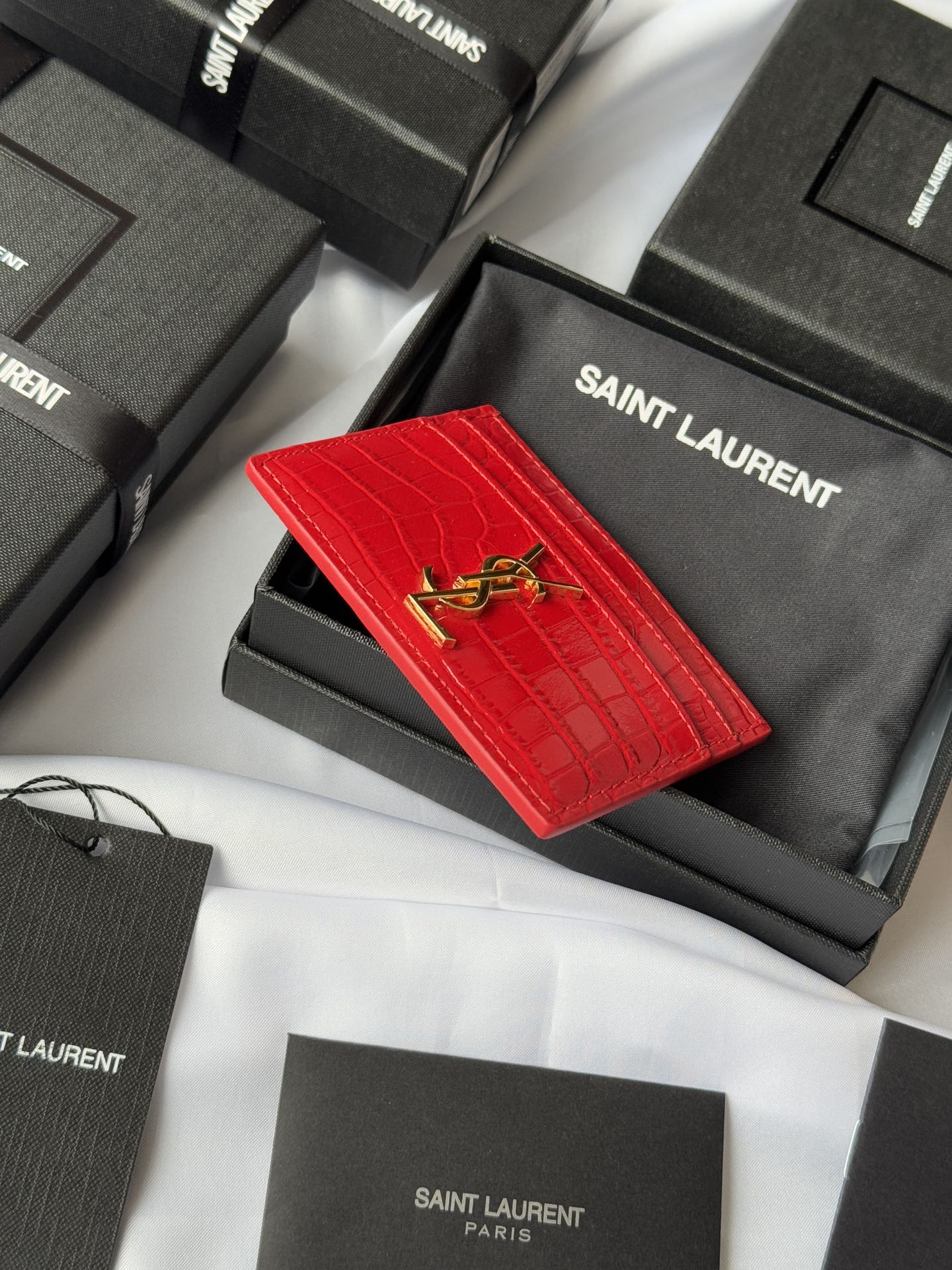 YSL Card Holder 10cm Wallet Red Gold Crocodile Leather 240563 mysite