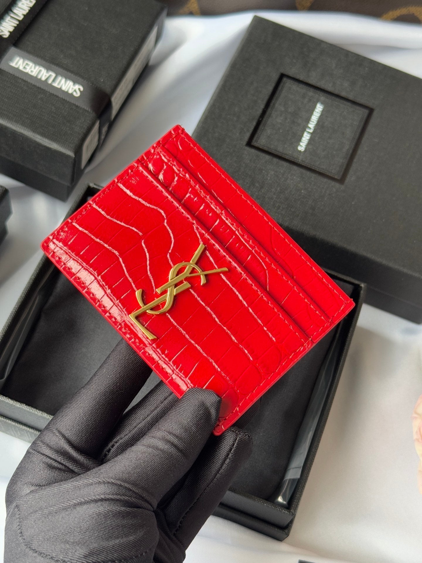 YSL Card Holder 10cm Wallet Red Gold Crocodile Leather 240563 mysite