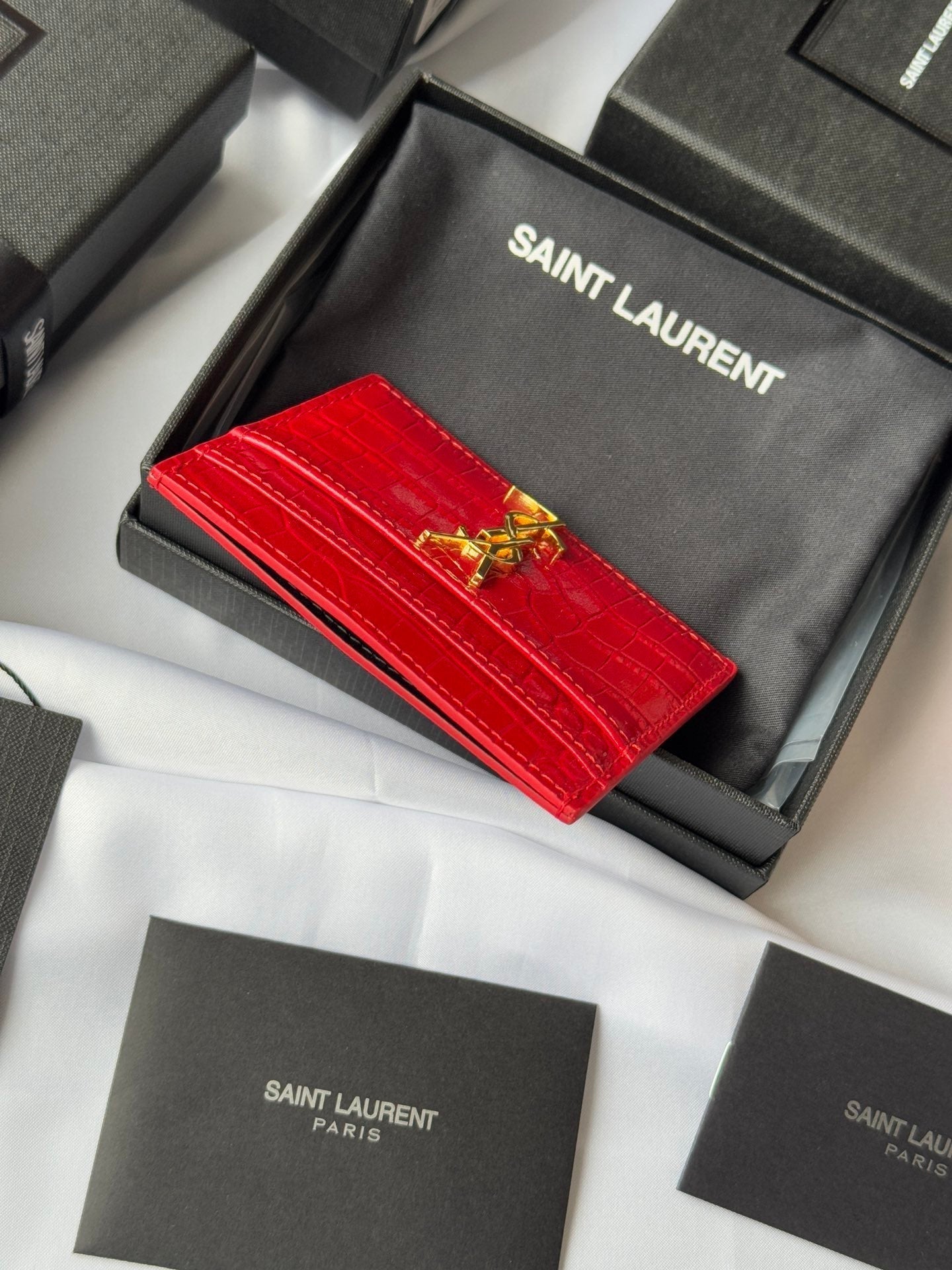 YSL Card Holder 10cm Wallet Red Gold Crocodile Leather 240563 mysite