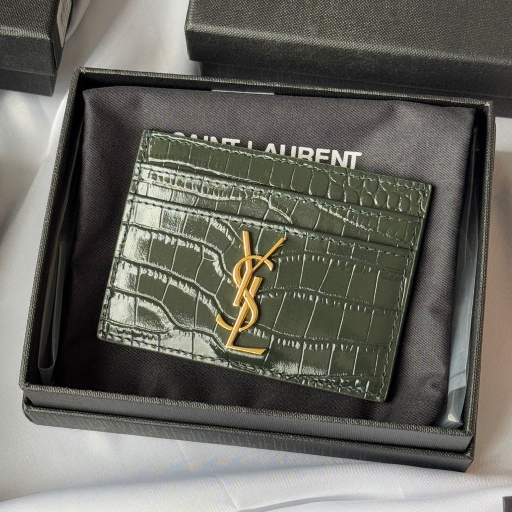 YSL Card Holder 10cm Wallet Dark Green Gold Crocodile Leather 240561 mysite